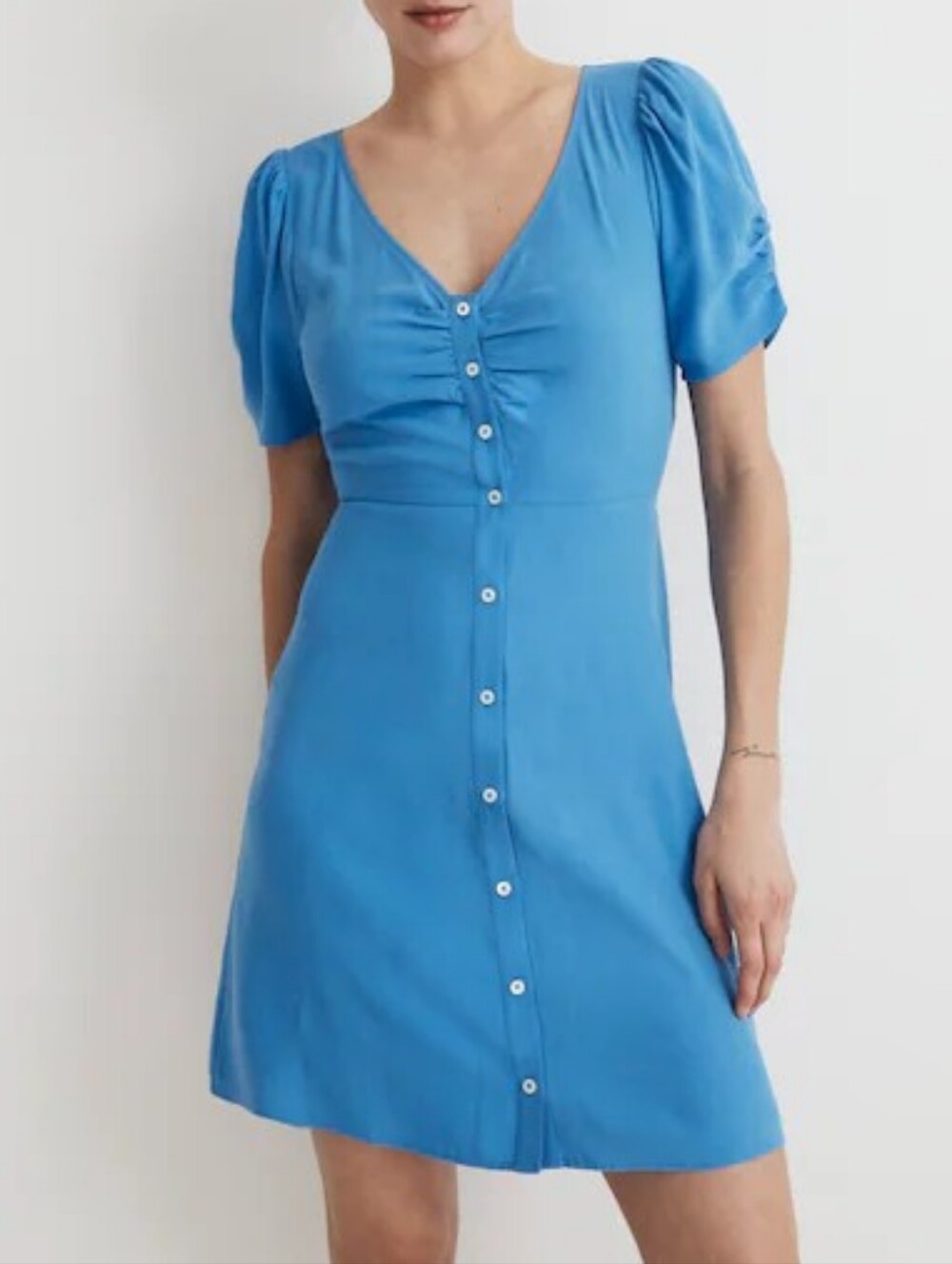 Madewell Blue V Neck Button Front Ruched Tencel Mini Dress